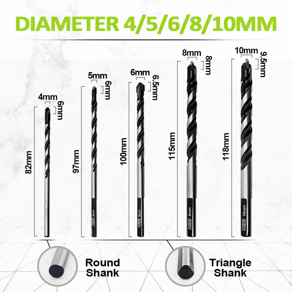 Carbide Drill Bit Set 5pcs/10pcs 4-12mm Wood Plastic Round and Triangle Shank