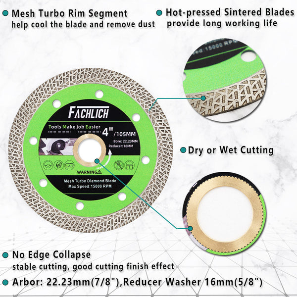 FACHLICH Diamond Mesh Turbo Rim Segment Saw Blade for Cutting Marble Granite Stone Dia 4''/4.5''/5''/7''/9''