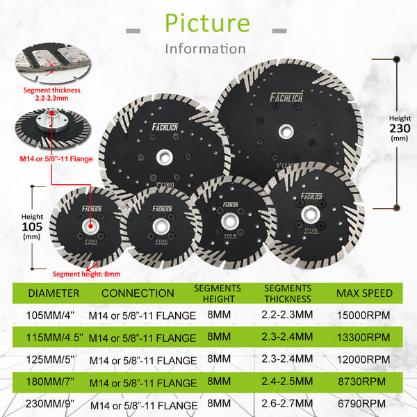 FACHLICH Diamond Saw Blades with Slant Protection Teeth for Cutting Ceramic Tile Granite Marble Brick Masonry Dia 4"/4.5"/5"/7"/9" with 5/8-11 or M14 Thread