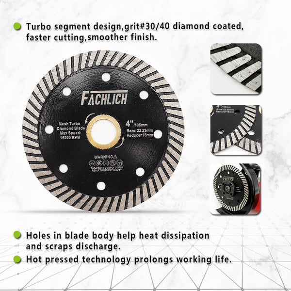 FACHLICH Hot Pressed Multi Holes Diamond Turbo Saw Blade for Hard Material Marble Granite Diameter 4''/4.5"/5"/7"/9"