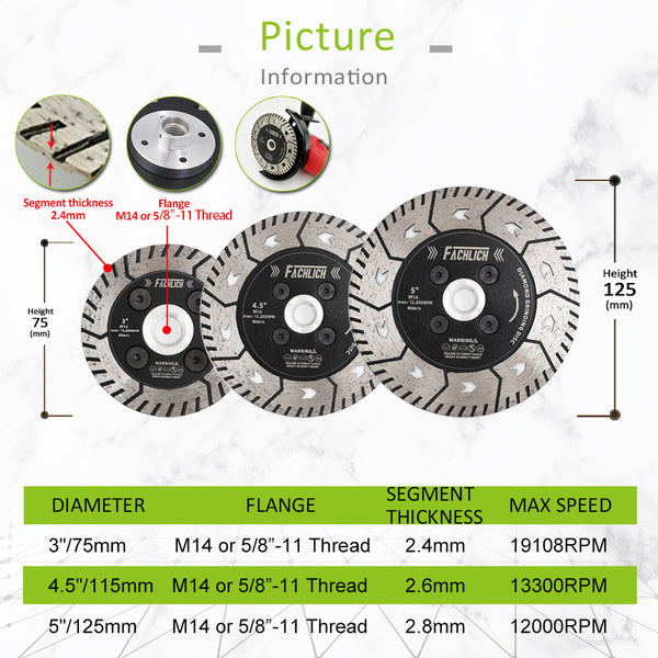 FACHLICH Diamond Dual Cutting Disc with 5/8-11 or M14 Thread for Cutting Granite Marble Concrete Brick Dia 3"/4.5"/5"