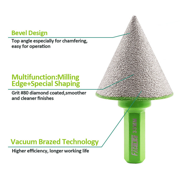 FACHLICH Diamond Chamfer Milling bits Dia 20/35/50/82mm 5/8"-11 or M14 or M10 or Hex Shank Thread Enlarging Polishing and Bevelling the Exist Holes Ceramic Porcelain Tile Marble Granite