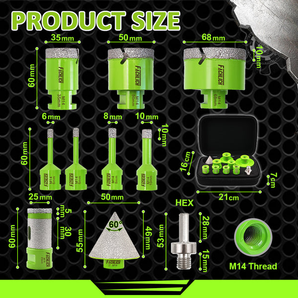 FACHLICH 10pcs 6/6/8/10/35/50/68MM Diamond Drill Bits 25MM Grinding Cutting Bit Hex Adapter For Marble Tile Porcelain Granite