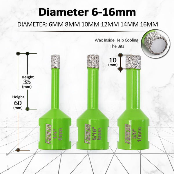 FACHLICH Diamond Core Drill Bit Set 5/8-11 Thread for Ceramic Tile Granite Marble 9pcs Dia 6/6/8/10/20/25/35mm