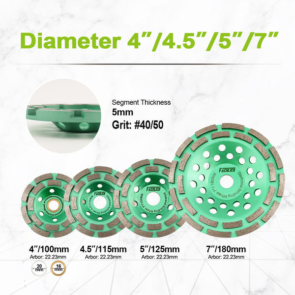 FACHLICH Diamond Double Row Grinding Cup Wheel for Concrete Marble Ceramic Tile Dia 4''/4.5''/5''/7''