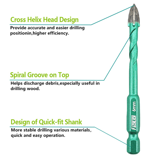 FACHLICH Cross Spiral Tungsten Carbide Drill Bits 5pcs Dia 5/6/8/10/12mm Wood Plastic Concrete Porcelain Tile Quick-fit Shank