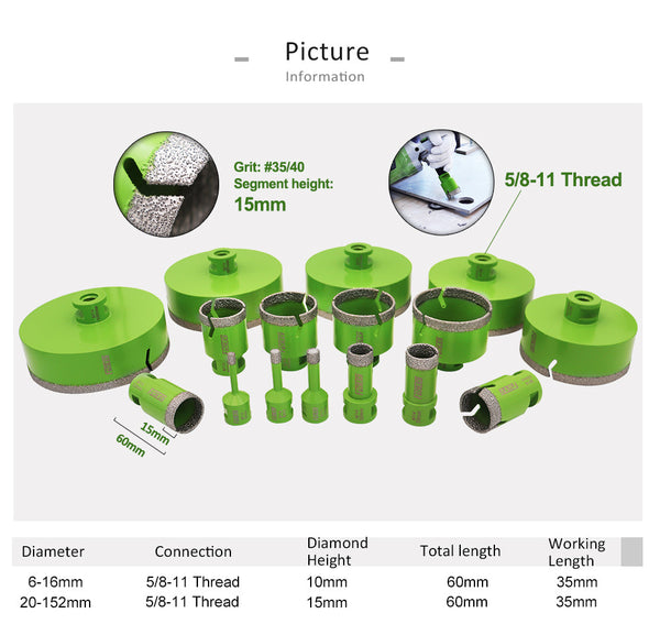 FACHLICH Dry Diamond Drilling Core Bits with 5/8-11 Thread for Ceramic Tile Granite Marble Stone Dia 6-152mm