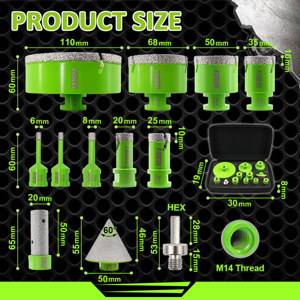 FACHLICH 13pcs 6-110mm Diamond Core Drill Bit Set for Ceramic Tile Granite Marble