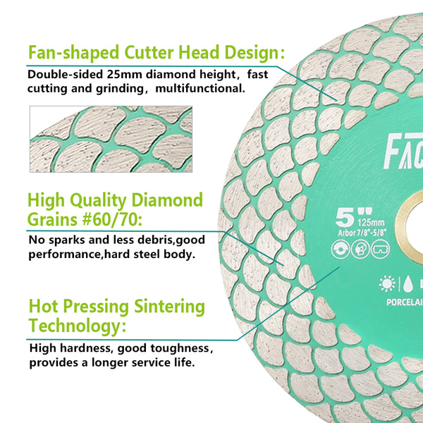 FACHLICH Diamond Cutting Grinding Disc 1/2/3/5pcs Dia 115/125mm Porcelain Tile Marble Double Sided Fan-shaped Saw Blades