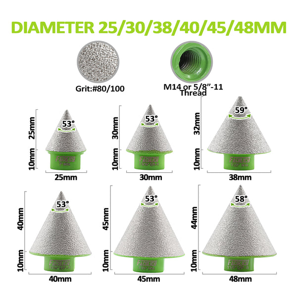 FACHLICH Diamond Chamfer Bit 1pc Dia 20/25/30/35/38/40/45/50/82mm Ceramic Tile Marble Granite 5/8-11 or M14 Thread