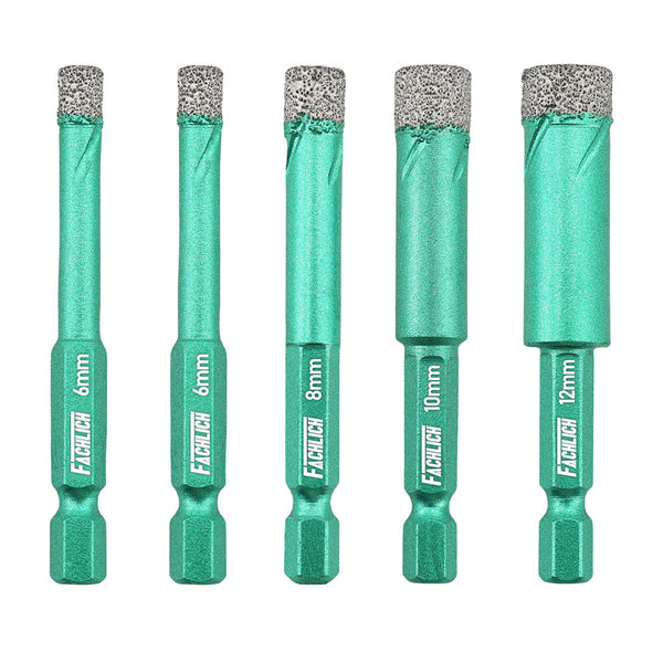 FACHLICH Diamond Core Bit 5pcs Dia 6/6/8/10/12mm Ceramic Tile Marble Granite Vacuum Brazed Hole Saw Quick-fit Shank