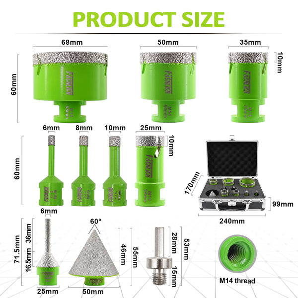 FACHLICH Diamond Drilling Milling Bit 10pcs/set 6-68mm Core Bit+Milling Chamfer Bit+2"Chamfer+Adapter Ceramic Tile Granite Hole Saw M14