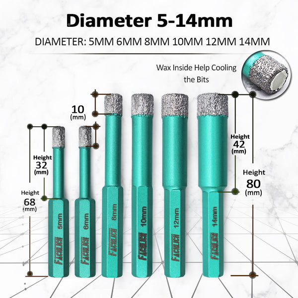 FACHLICH Diamond Hexagon Shank Drilling Core Bits for Tile Porcelain Ceramic Marble Dia 5/6/8/10/12/14 mm