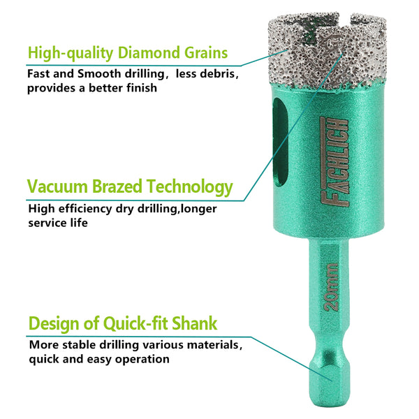 FACHLICH Diamond Core Bit 2pcs Dia 20/25mm Ceramic Tile Marble Granite Vacuum Brazed Hole Saw Quick-fit Shank