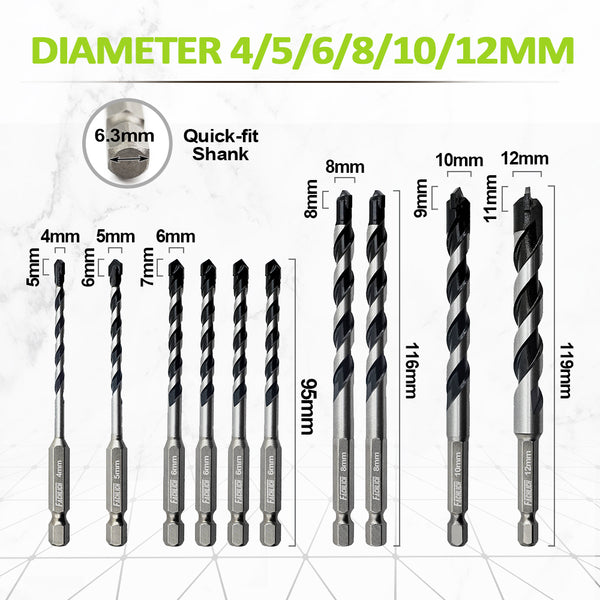 5pcs/10pcs 4mm-12mm Carbide Drill Bit Set Quick Fit Shank for Wood PVC