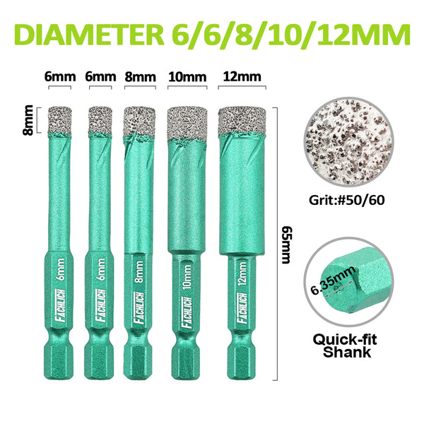 FACHLICH Diamond Core Bit 5pcs Dia 6/6/8/10/12mm Ceramic Tile Marble Granite Vacuum Brazed Hole Saw Quick-fit Shank