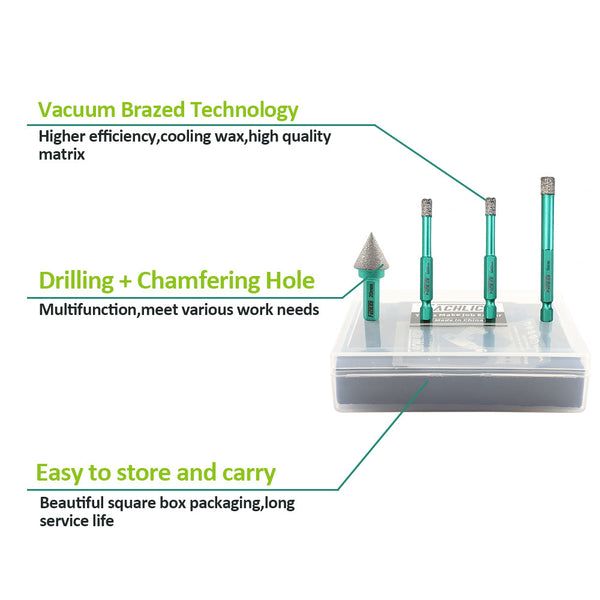 FACHLICH 4pcs/set Diamond Mini Dry Drilling Bits Quick-Fit Shank +20mm Chamfer Bit for Tile Ceramic Granite Marble