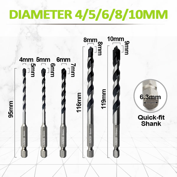 5pcs/10pcs 4mm-12mm Carbide Drill Bit Set Quick Fit Shank for Wood PVC