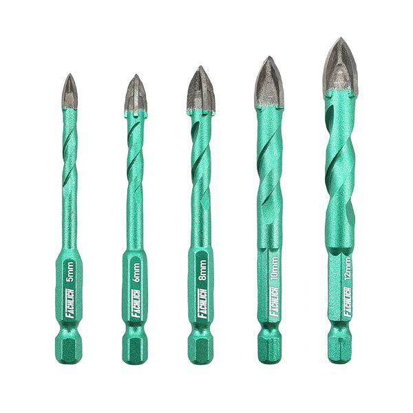 FACHLICH Cross Spiral Tungsten Carbide Drill Bits 5pcs Dia 5/6/8/10/12mm Wood Plastic Concrete Porcelain Tile Quick-fit Shank