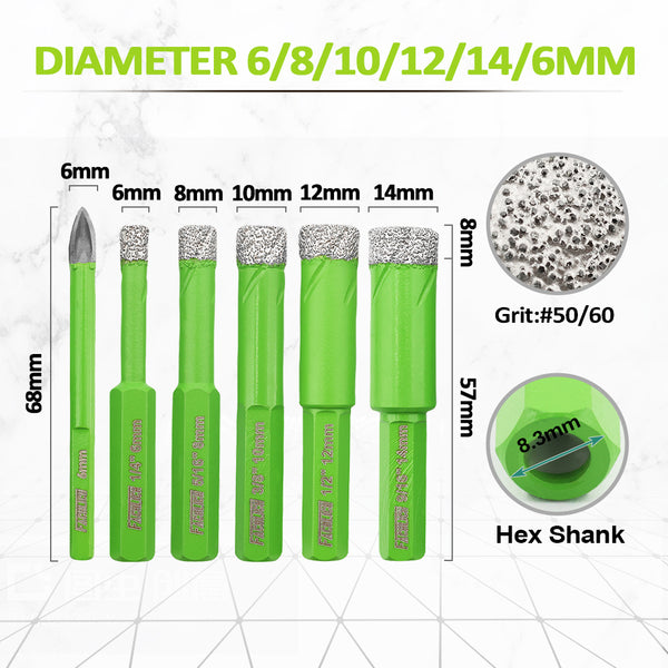 FACHLICH Diamond Drilling Bit 5/6pcs 6/8/10/12/14mm Core Bit Hexagonal Shank+6mm Carbide Bit Porcelain Tile Marble Granite Hole Saw