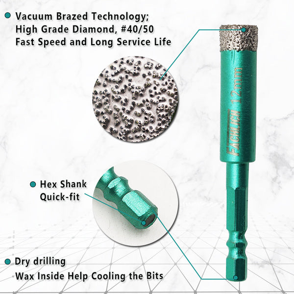 FACHLICH Double-Ear Quick-Fit Shank Diamond Dry Drilling Bits for Granite Marble Tile Ceramic Dia 6/8/10/12/14mm