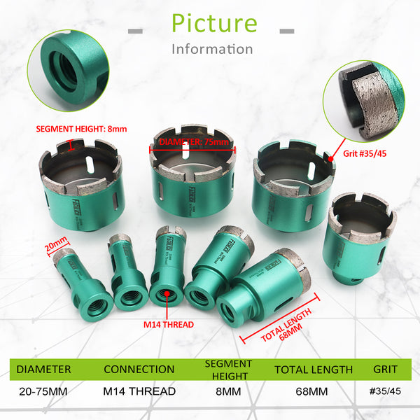 FACHLICH Welded Diamond Drilling Core Bits with M14 Thread for Drilling Marble Granite Artificial Stone Tile Dia 20-75mm