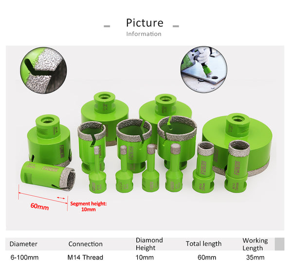 FACHLICH Diamond Core Drill Bit Set M14 Thread for Ceramic Tile Granite Marble 8pcs/Box 20/25/35/40/68/75mm