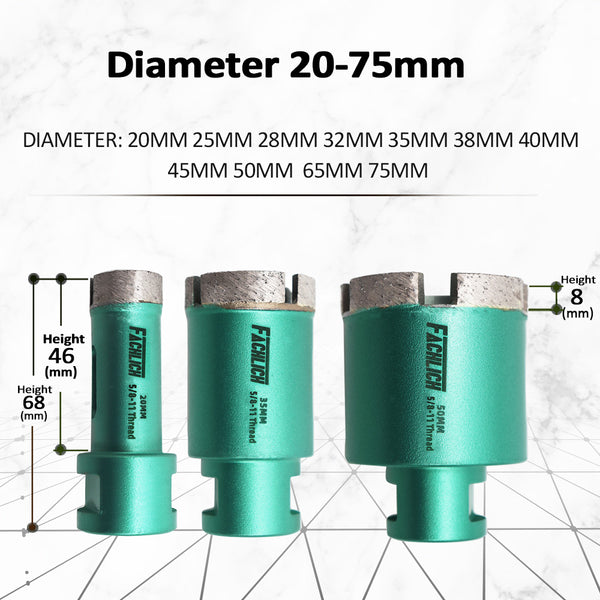 FACHLICH Welded Diamond Drilling Core Bits with 5/8-11 Thread for Drilling Marble Granite Artificial Stone Tile Dia 20-75mm