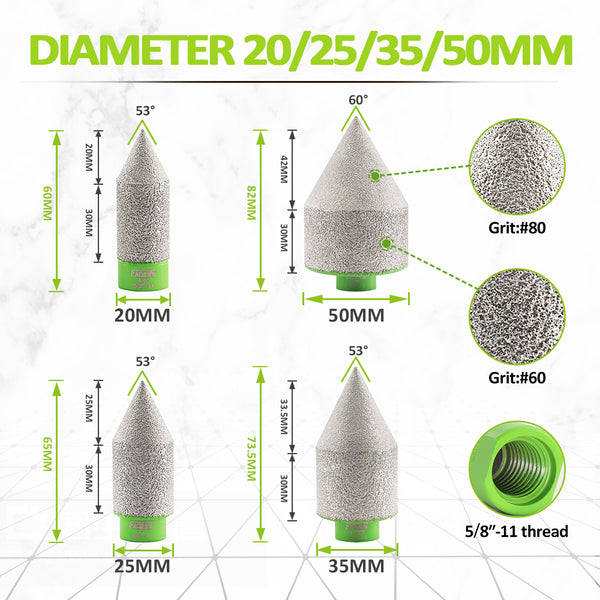 FACHLICH Diamond  Chamfering Milling Finger Bits Vacuum Brazed 1pc Dia 20/25/35/50mm 5/8"-11 Thread Enlarging Polishing the Exist Holes Ceramic Porcelain Tile Marble Granite