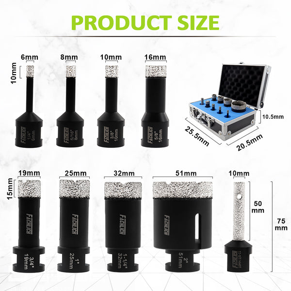 FACHLICH Diamond Drill Core Bits 5/8-11 Thread for Ceramic Tile Granite Marble 9pcs/box Dia 6/8/10/16/19/25/32/51mm