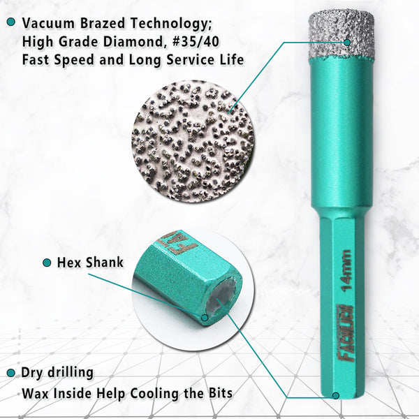 FACHLICH Diamond Hexagon Shank Drilling Core Bits for Tile Porcelain Ceramic Marble Dia 5/6/8/10/12/14 mm