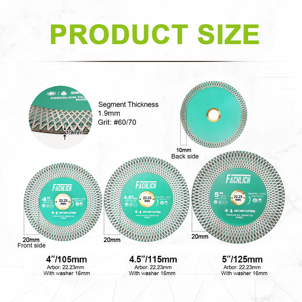 FACHLICH X Mesh Diamond Double Sided Cutting and Grinding Disc for Marble Ceramic Tile Porcelain Dia 105/115/125mm