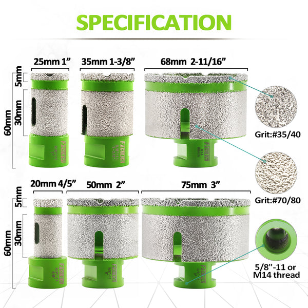 FACHLICH Diamond Drilling Milling Finger Bits 1 or 2pcs Dia 20/25/35/50/68/75 mm for Ceramic Tile Granite Marble  Stone 5/8"-11 or M14 Thread