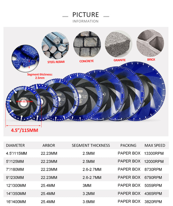 FACHLICH Metal Cutting Diamond Blade All Purpose Cut Off Wheel for Rebar Sheet Metal Angle Iron Stainless Steel Dia 4.5"/5"/6"/7"/9"/12"/14"/16"