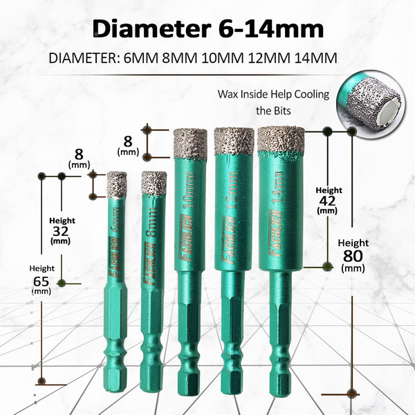 FACHLICH Double-Ear Quick-Fit Shank Diamond Dry Drilling Bits for Granite Marble Tile Ceramic Dia 6/8/10/12/14mm