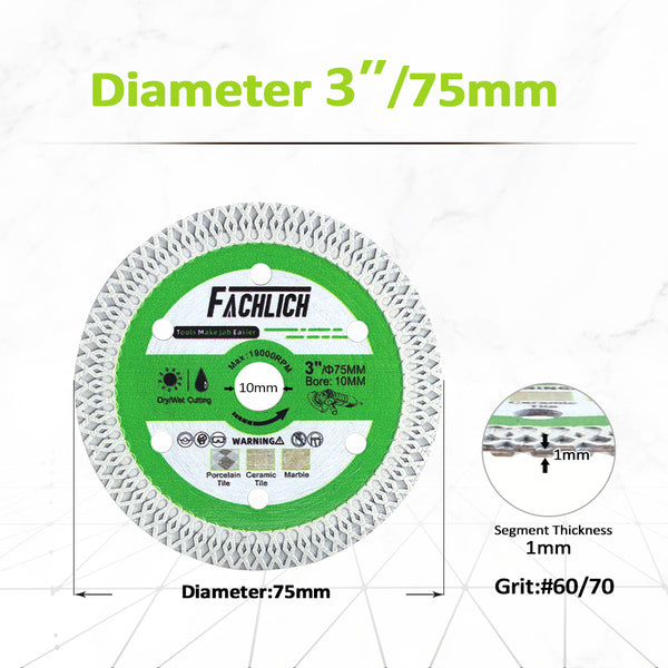 FACHLICH X Mesh Turbo Diamond Cutting Disc for Cutting Porcelain Ceramic Tile Marble Dia 3''/75mm