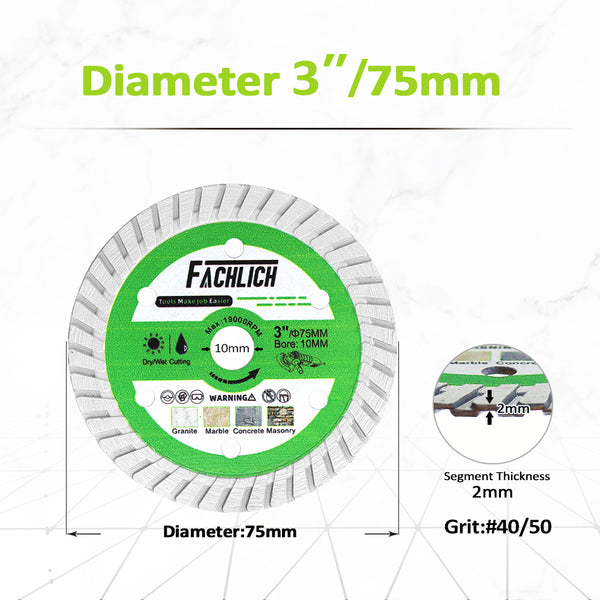 FACHLICH Diamond Hot Pressed Granite Concrete Turbo Blade for Granite Concrete Hard Artificial Stone Dia 3''/75mm