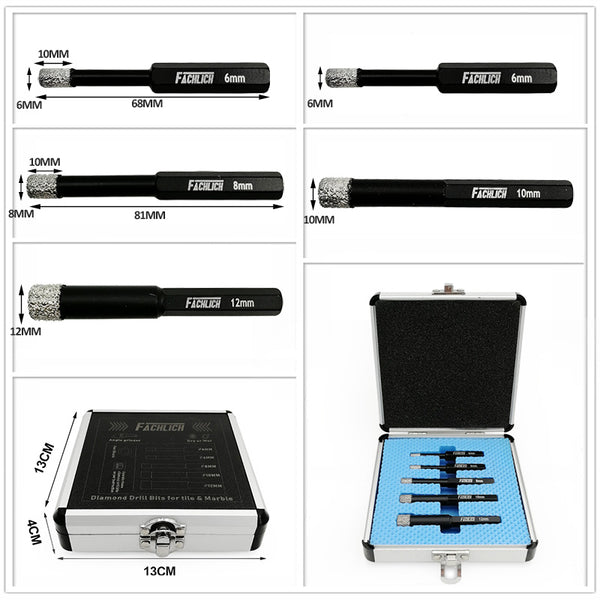 FACHLICH Diamond Dry Drilling Core Bits Kit with Hexagon Shank for Drilling Granite Marble Tile Porcelain Dia 5/6/8/10/12/14mm